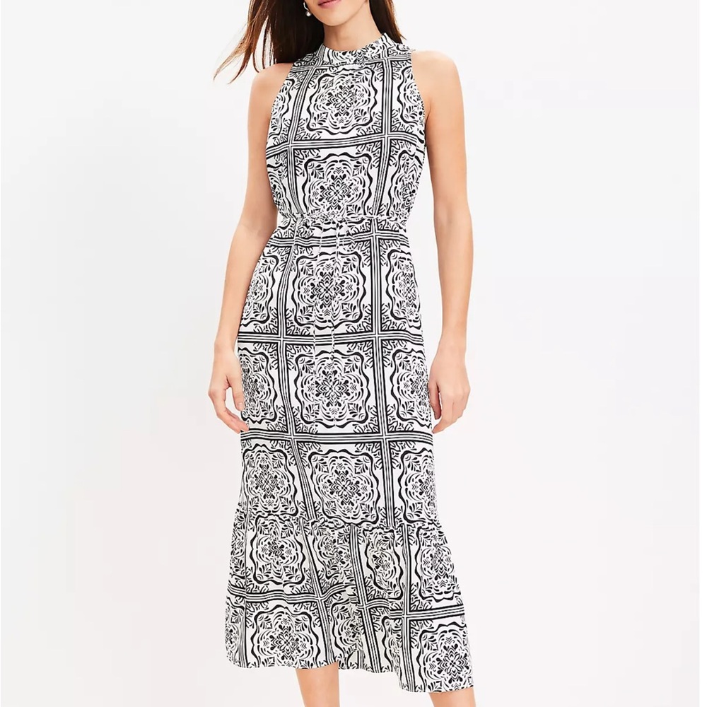 LOFT petite halter midi dress in tiled print with tie belt
